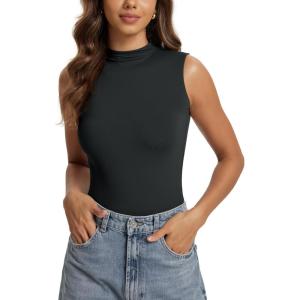 image:imageODODOS Womens Double Layer Mock Neck Sleeveless Tee UltraSoft Lightweight Basic TShirts Slim Fit Tank TopBlack