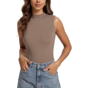 image:imageODODOS Womens Double Layer Mock Neck Sleeveless Tee UltraSoft Lightweight Basic TShirts Slim Fit Tank TopChocolate Malt