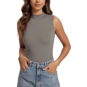 image:imageODODOS Womens Double Layer Mock Neck Sleeveless Tee UltraSoft Lightweight Basic TShirts Slim Fit Tank TopDesert Taupe