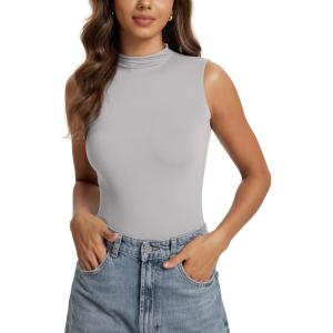 image:imageODODOS Womens Double Layer Mock Neck Sleeveless Tee UltraSoft Lightweight Basic TShirts Slim Fit Tank TopOpal Gray
