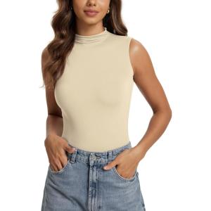 image:imageODODOS Womens Double Layer Mock Neck Sleeveless Tee UltraSoft Lightweight Basic TShirts Slim Fit Tank TopWheat