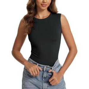 image:imageODODOS Womens Double Layer Sleeveless Tee UltraSoft Lightweight Crew Neck Basic TShirts Slim Fit Tank TopBlack