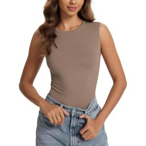 image:imageODODOS Womens Double Layer Sleeveless Tee UltraSoft Lightweight Crew Neck Basic TShirts Slim Fit Tank TopChocolate Malt