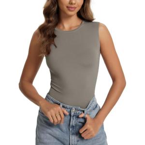 image:imageODODOS Womens Double Layer Sleeveless Tee UltraSoft Lightweight Crew Neck Basic TShirts Slim Fit Tank TopDesert Taupe