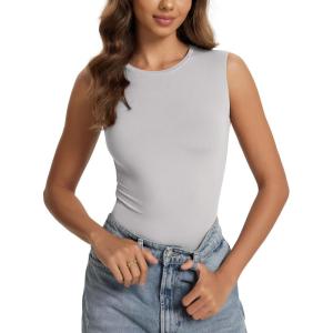 image:imageODODOS Womens Double Layer Sleeveless Tee UltraSoft Lightweight Crew Neck Basic TShirts Slim Fit Tank TopOpal Gray