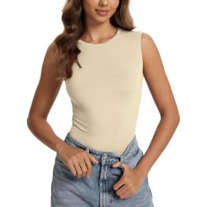 image:imageODODOS Womens Double Layer Sleeveless Tee UltraSoft Lightweight Crew Neck Basic TShirts Slim Fit Tank TopWheat