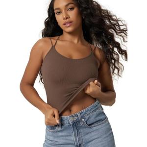 image:imageODODOS Womens Seamless Crop Tank Top  Double Strap RibKnit Soft Lightweight Camisole for Yoga Workout amp Everyday WearBrunette