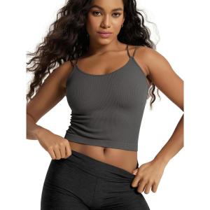image:imageODODOS Womens Seamless Crop Tank Top  Double Strap RibKnit Soft Lightweight Camisole for Yoga Workout amp Everyday WearCharcoal