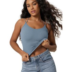 image:imageODODOS Womens Seamless Crop Tank Top  Double Strap RibKnit Soft Lightweight Camisole for Yoga Workout amp Everyday WearDusty Blue