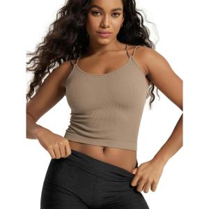 image:imageODODOS Womens Seamless Crop Tank Top  Double Strap RibKnit Soft Lightweight Camisole for Yoga Workout amp Everyday WearTaupe