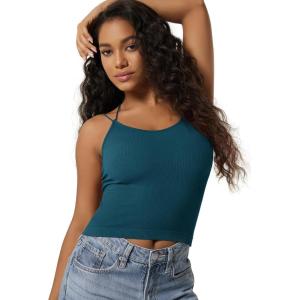 image:imageODODOS Womens Seamless Crop Tank Top  Double Strap RibKnit Soft Lightweight Camisole for Yoga Workout amp Everyday WearTeal