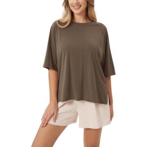 image:imageODODOS Womens Side Split Tee Modal Soft Raglan Short Sleeve Relaxed Fit Casual Lounge TShirts Yoga TopsBrown