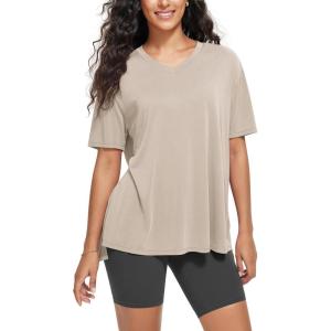 image:imageODODOS Womens Split Hem Oversize Short Sleeve Shirts Modal Soft V Neck Tee Casual Lounge Yoga TopsAbalone