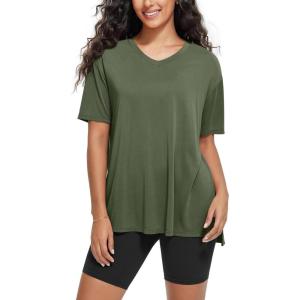 image:imageODODOS Womens Split Hem Oversize Short Sleeve Shirts Modal Soft V Neck Tee Casual Lounge Yoga TopsArmy Green