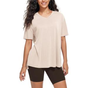 image:imageODODOS Womens Split Hem Oversize Short Sleeve Shirts Modal Soft V Neck Tee Casual Lounge Yoga TopsBeige