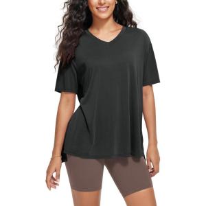 image:imageODODOS Womens Split Hem Oversize Short Sleeve Shirts Modal Soft V Neck Tee Casual Lounge Yoga TopsBlack