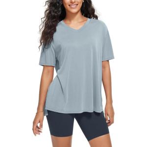 image:imageODODOS Womens Split Hem Oversize Short Sleeve Shirts Modal Soft V Neck Tee Casual Lounge Yoga TopsBlue Fog