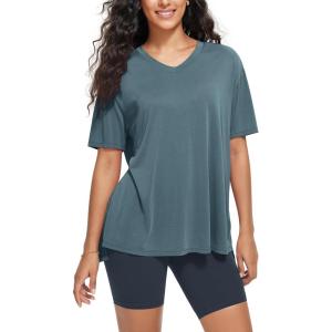 image:imageODODOS Womens Split Hem Oversize Short Sleeve Shirts Modal Soft V Neck Tee Casual Lounge Yoga TopsBluesteel