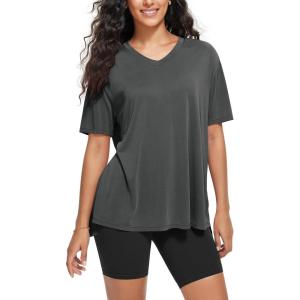 image:imageODODOS Womens Split Hem Oversize Short Sleeve Shirts Modal Soft V Neck Tee Casual Lounge Yoga TopsCharcoal