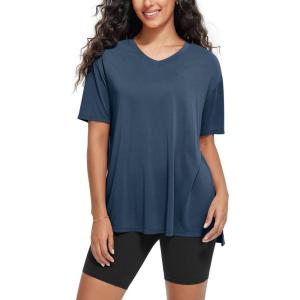 image:imageODODOS Womens Split Hem Oversize Short Sleeve Shirts Modal Soft V Neck Tee Casual Lounge Yoga TopsDark Blue