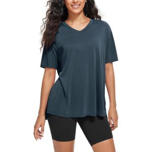 image:imageODODOS Womens Split Hem Oversize Short Sleeve Shirts Modal Soft V Neck Tee Casual Lounge Yoga TopsDeep Teal