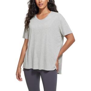 image:imageODODOS Womens Split Hem Oversize Short Sleeve Shirts Modal Soft V Neck Tee Casual Lounge Yoga TopsHeather Grey