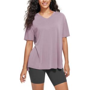 image:imageODODOS Womens Split Hem Oversize Short Sleeve Shirts Modal Soft V Neck Tee Casual Lounge Yoga TopsLavender