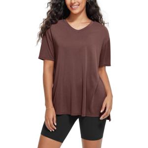 image:imageODODOS Womens Split Hem Oversize Short Sleeve Shirts Modal Soft V Neck Tee Casual Lounge Yoga TopsSangria