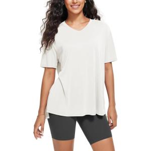 image:imageODODOS Womens Split Hem Oversize Short Sleeve Shirts Modal Soft V Neck Tee Casual Lounge Yoga TopsWhite