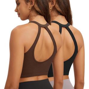 image:imageODODOS 2Pack Seamless Henley Crop for Women Open Back Ribbed Tank Buttonup Cropped TopBlackbrunette