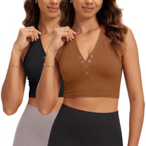image:imageODODOS 2Pack Seamless Henley Crop for Women Open Back Ribbed Tank Buttonup Cropped TopBlackclay