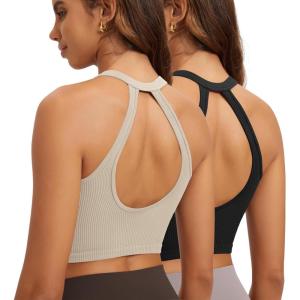 image:imageODODOS 2Pack Seamless Henley Crop for Women Open Back Ribbed Tank Buttonup Cropped TopBlackmushroom