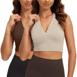 image:imageODODOS 2Pack Seamless Henley Crop for Women Open Back Ribbed Tank Buttonup Cropped TopMushroombrunette