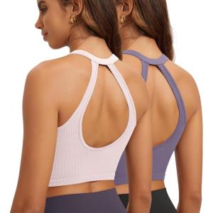 image:imageODODOS 2Pack Seamless Henley Crop for Women Open Back Ribbed Tank Buttonup Cropped TopPink Laceviolet