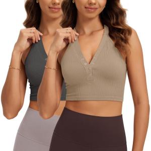 image:imageODODOS 2Pack Seamless Henley Crop for Women Open Back Ribbed Tank Buttonup Cropped TopTaupecharcoal