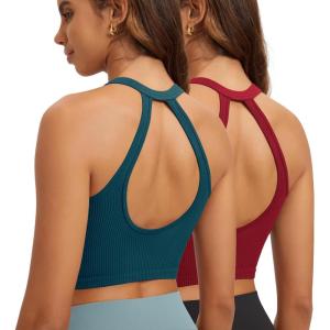 image:imageODODOS 2Pack Seamless Henley Crop for Women Open Back Ribbed Tank Buttonup Cropped TopTealred