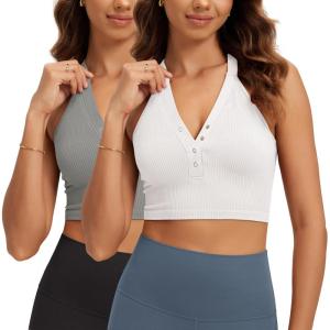 image:imageODODOS 2Pack Seamless Henley Crop for Women Open Back Ribbed Tank Buttonup Cropped TopWhitegray