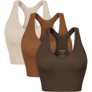 image:imageODODOS 3Pack Seamless Racerback Crop Tank for Women Ribbed Knit Soft Crop TopsBrunetteclaymushroom