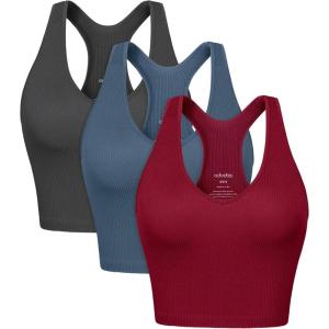 image:imageODODOS 3Pack Seamless Racerback Crop Tank for Women Ribbed Knit Soft Crop TopsCharcoaloceanred