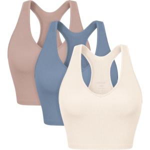image:imageODODOS 3Pack Seamless Racerback Crop Tank for Women Ribbed Knit Soft Crop TopsIvorydusty Bluesphinx