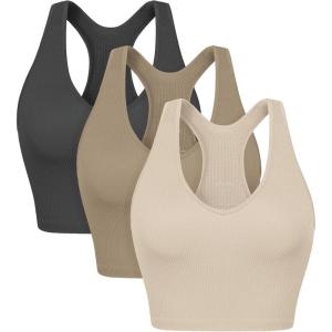 image:imageODODOS 3Pack Seamless Racerback Crop Tank for Women Ribbed Knit Soft Crop TopsMushroomtaupecharcoal