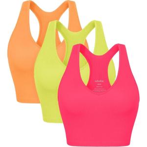 image:imageODODOS 3Pack Seamless Racerback Crop Tank for Women Ribbed Knit Soft Crop TopsNeon Pinkgreenorange