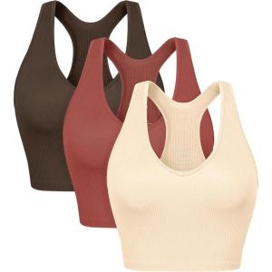 image:imageODODOS 3Pack Seamless Racerback Crop Tank for Women Ribbed Knit Soft Crop TopsOatmealbarn Redbrunette