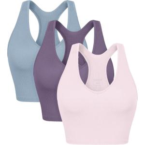 image:imageODODOS 3Pack Seamless Racerback Crop Tank for Women Ribbed Knit Soft Crop TopsPink Lacevioleticeberg