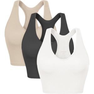 image:imageODODOS 3Pack Seamless Racerback Crop Tank for Women Ribbed Knit Soft Crop TopsWhitecharcoalmushroom