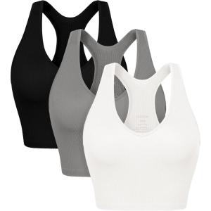 image:imageODODOS 3Pack Seamless Racerback Crop Tank for Women Ribbed Knit Soft Crop TopsWhitegrayblack