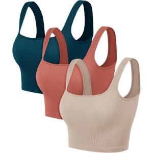 image:imageODODOS 3Pack Seamless Square Neck Crop Tank for Women Ribbed Knit Soft Low Back Cropped TopsBeigecoralteal