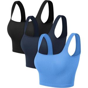 image:imageODODOS 3Pack Seamless Square Neck Crop Tank for Women Ribbed Knit Soft Low Back Cropped TopsBlacknavyblue