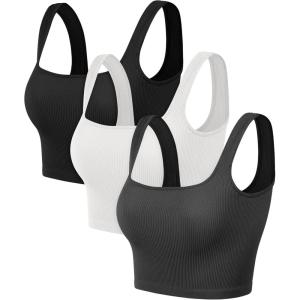 image:imageODODOS 3Pack Seamless Square Neck Crop Tank for Women Ribbed Knit Soft Low Back Cropped TopsBlackwhitecharcoal