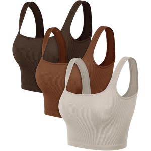 image:imageODODOS 3Pack Seamless Square Neck Crop Tank for Women Ribbed Knit Soft Low Back Cropped TopsBrunetteclaymushroom